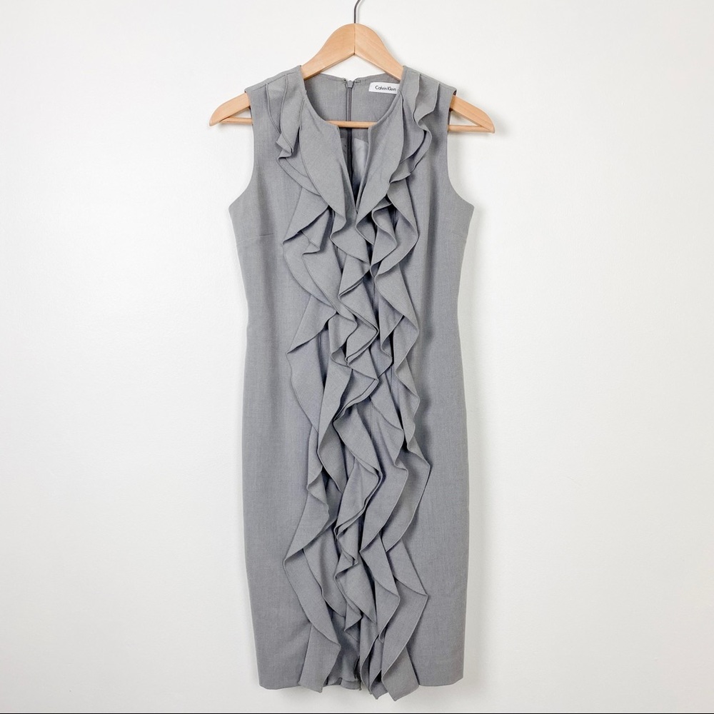 Calvin Klein Gray Ruffle Front Sheath Dress